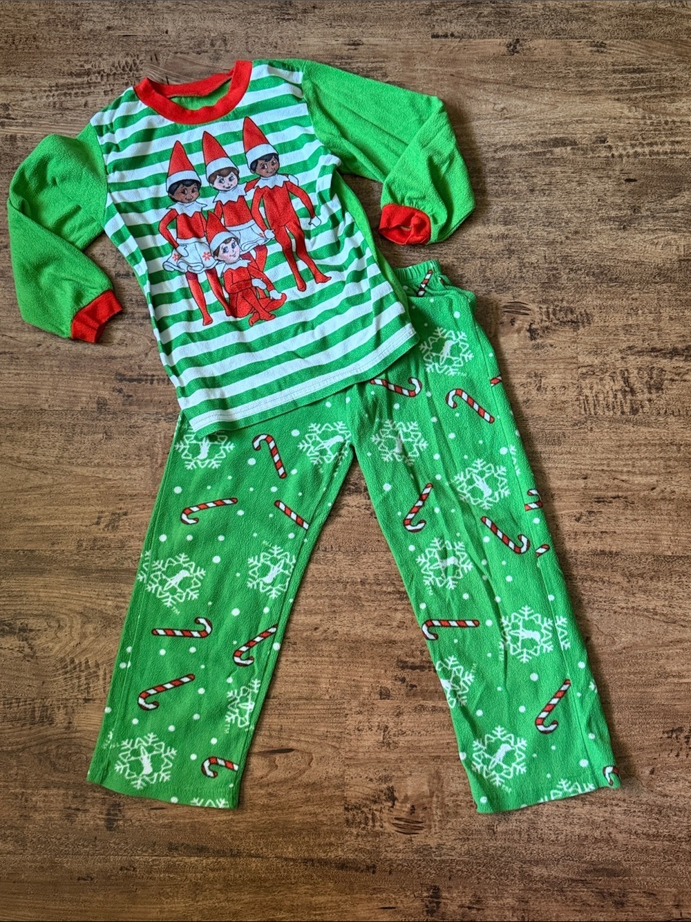 Kids Green Elf Stripe Pajama Set with Candy Cane Print